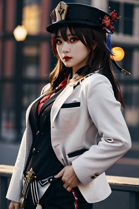 hutaodef:0.7, (medium breasts), perfact breasts, masterpiece, best quality, ultra-detailed, beautiful lighting, bangs, (blazer:1.1), red_eyes, perfect eyes, (stars in the eyes),(Bob:0.7), (Standing with one hand on hip) <lora:JapaneseDollLikeness_v15:0.7> <lora:hutao1:1>  fcDetailPortrait