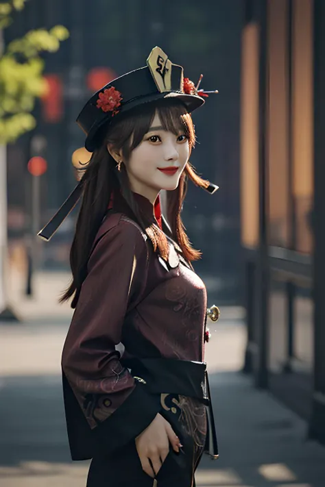 hutaodef:1, hutaornd:1, 8k, best quality, masterpiece, hands on hip, light smile, closed mouth, looking at viewer, side view fcDetailPortrait <lora:hutao1:1> <lora:JapaneseDollLikeness_v15:0.7>