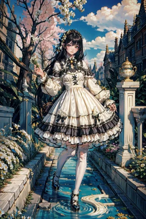 1girl, solo, long black hair, straight hair, blunt bangs, looking at viewer, smile, full body, standing, cyb dress, frills, frilled dress, long sleeves, bow, lace, white thighhighs, high heels, garden, flower, tree, water, <lora:lo_dress_vol2_style8_v1:0.7>