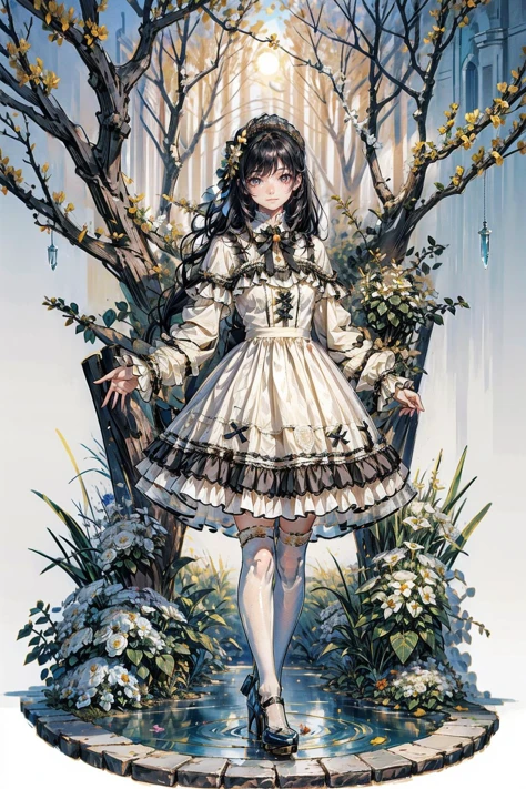 1girl, solo, long black hair, straight hair, blunt bangs, looking at viewer, smile, full body, standing, cyb dress, frills, frilled dress, long sleeves, bow, lace, white thighhighs, high heels, garden, flower, tree, water, <lora:lo_dress_vol2_style8_v1:0.7>