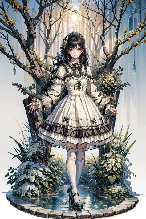 1girl, solo, long black hair, straight hair, blunt bangs, looking at viewer, smile, full body, standing, cyb dress, frills, frilled dress, long sleeves, bow, lace, white thighhighs, high heels, garden, flower, tree, water, <lora:lo_dress_vol2_style8_v1:0.7>