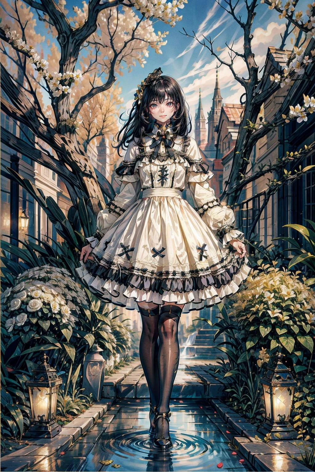 1girl, solo, long black hair, straight hair, blunt bangs, looking at viewer, smile, full body, standing, cyb dress, frills, frilled dress, long sleeves, bow, lace, black thighhighs, high heels, garden, flower, tree, water, <lora:lo_dress_vol2_style8_v1:0.7>