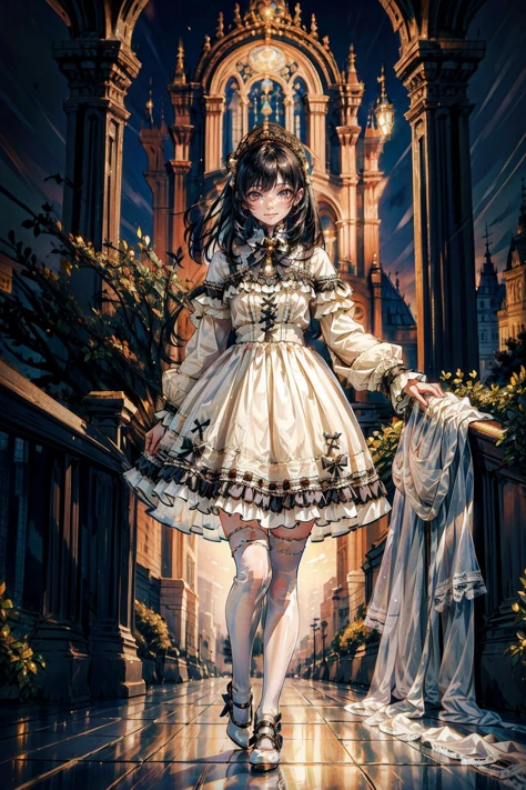 1girl, solo, long black hair, straight hair, blunt bangs, looking at viewer, smile, full body, standing, cyb dress, frills, frilled dress, long sleeves, bow, lace, white thighhighs, high heels, castle, night, light, outdoors, tree , <lora:lo_dress_vol2_style8_v1:0.7>