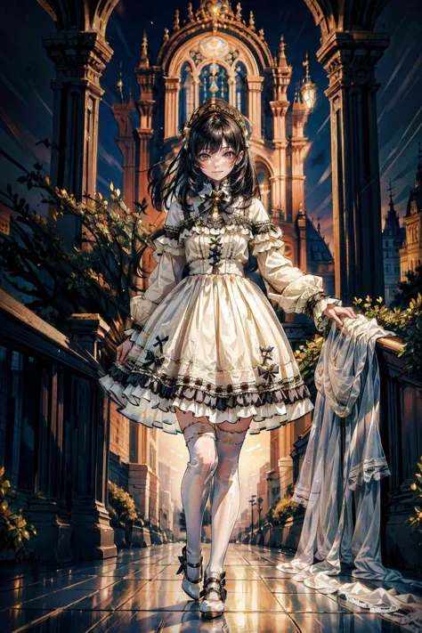 1girl, solo, long black hair, straight hair, blunt bangs, looking at viewer, smile, full body, standing, cyb dress, frills, frilled dress, long sleeves, bow, lace, white thighhighs, high heels, castle, night, light, outdoors, tree , <lora:lo_dress_vol2_style8_v1:0.7>