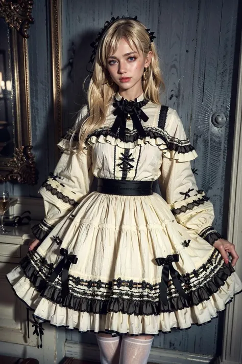 (realistic:1.3), finely detailed, quality, rembrandt lighting, (masterpiece:1.2), (photorealistic:1.2), (best quality), (detailed skin:1.3), (intricate details), dramatic, ray tracing, 1girl, french girl, 21 years old, detailed skin texture, (blush:0.5), (goosebumps:0.5), subsurface scattering, smiling, medium breasts, braided hair, blonde hair, bangs, hair between eyes, hair ribbon, hair ornament, cyb dress, frills, frilled dress, long sleeves, bow, lace, thighhighs, cowboy shot, (bright sunny day, wide open rose plantation, rose bushes, sky), <lora:lo_dress_vol2_style8_v1:0.75>