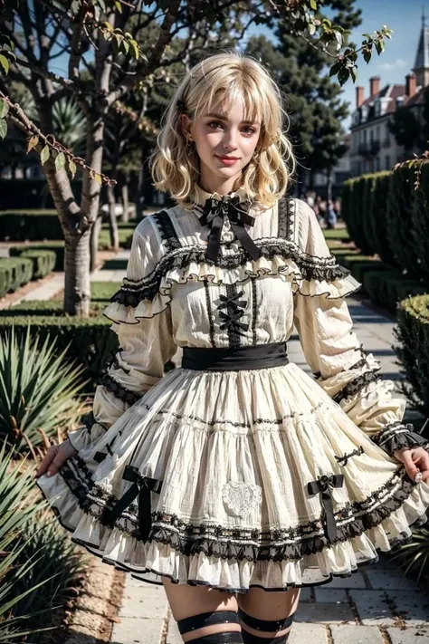 (realistic:1.3), finely detailed, quality, rembrandt lighting, (masterpiece:1.2), (photorealistic:1.2), (best quality), (detailed skin:1.3), (intricate details), dramatic, ray tracing, 1girl, french girl, 21 years old, detailed skin texture, (blush:0.5), (goosebumps:0.5), subsurface scattering, smiling, medium breasts, short hair curls, blonde hair, bangs, hair between eyes, cyb dress, frills, frilled dress, long sleeves, bow, lace, thighhighs, cowboy shot, (bright sunny day, french garden, trees, bushes, sky), <lora:lo_dress_vol2_style8_v1:0.75>