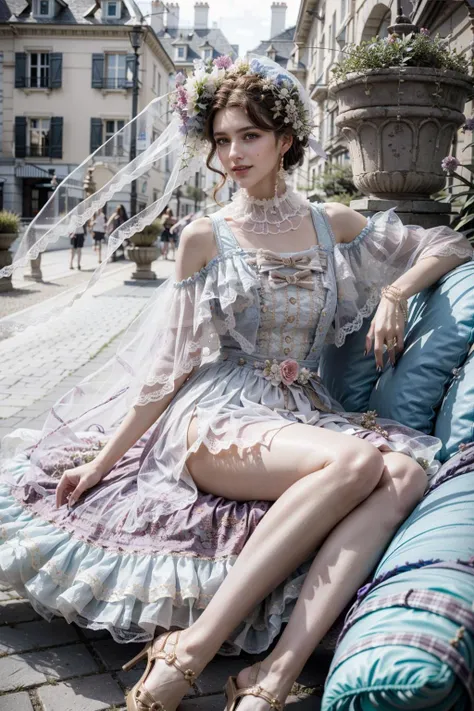 (realistic:1.3), finely detailed, quality, rembrandt lighting, (masterpiece:1.2), (photorealistic:1.2), (best quality), (detailed skin:1.3), (intricate details), dramatic, ray tracing, 1girl, french girl, 21 years old, detailed skin texture, (blush:0.5), (goosebumps:0.5), subsurface scattering, smiling, medium breasts, long hair braid, bangs, hair between eyes, blonde hair, hair ornaments, lo_dress, frilled dress, veil, lace, see-through, white pantyhose, high heels, full body, (bright sunny day, outdoors, lavish european garden, flowers, bushes), <lora:lo_dress_vol2_style3_v6:0.6>
