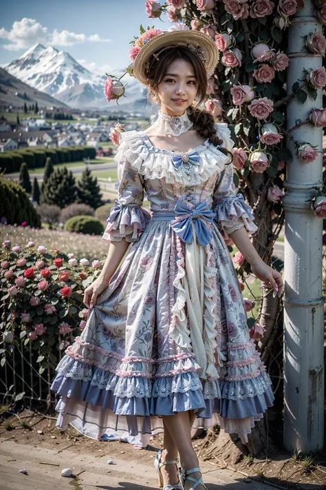 (realistic:1.3), finely detailed, quality, rembrandt lighting, (masterpiece:1.2), (photorealistic:1.2), (best quality), (detailed skin:1.3), (intricate details), dramatic, ray tracing, 1girl, japanese girl, 21 years old, detailed skin texture, (blush:0.5), (goosebumps:0.5), subsurface scattering, smiling, medium breasts, long hair curls, bangs, hair between eyes, lo dress, long dress, layered dress, choker, bow, long sleeves, high heels, full body, (strolling, bright sunny day, outdoors, wide open (field of roses:1.2), rose plantation, sky, mountains far away), <lora:lo_dress_vol2_style7_v2:0.6>