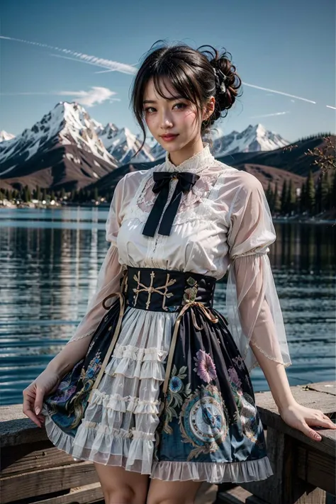 (realistic:1.3), finely detailed, quality, rembrandt lighting, (masterpiece:1.2), (photorealistic:1.2), (best quality), (detailed skin:1.3), (intricate details), dramatic, ray tracing, 1girl, japanese girl, 21 years old, detailed skin texture, (blush:0.5), (goosebumps:0.5), subsurface scattering, smiling, medium breasts, (updo hair:1.2), bangs, hair between eyes, lo dress, bow, long sleeves, cowboy shot, skirt hold, curtsy, (night sky, (wide open field of flowers:1.1, lake, mountains very far away), professional fashion photography), <lora:lo_dress_vol2_style6_v1:0.6>
