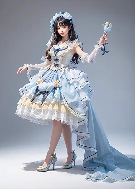best quality, quality, masterpiece, photorealistic, 1girl, solo, long hair, black hair, full body, standing, looking at viewer, smile, lo dress, hair ornament, white pantyhose, high heels, <lora:lo_dress_vol2_style5_v1:0.65>