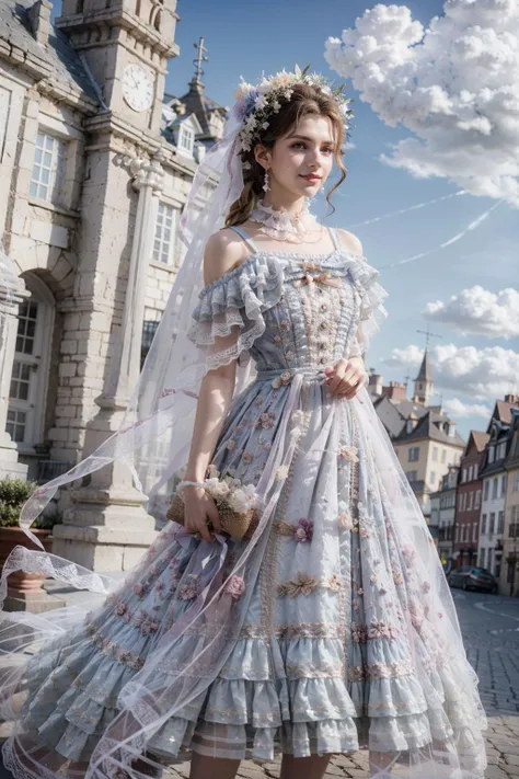 (realistic:1.3), finely detailed, quality, rembrandt lighting, (masterpiece:1.2), (photorealistic:1.2), (best quality), (detailed skin:1.3), (intricate details), dramatic, ray tracing, 1girl, french girl, 21 years old, detailed skin texture, (blush:0.5), (goosebumps:0.5), subsurface scattering, smiling, medium breasts, long hair braid, bangs, hair between eyes, blonde hair, hair ornaments, lo_dress, frilled dress, veil, lace, see-through, standing, full body, (bright sunny day, outdoors, european village, flowers, sky), <lora:lo_dress_vol2_style3_v6:0.6>