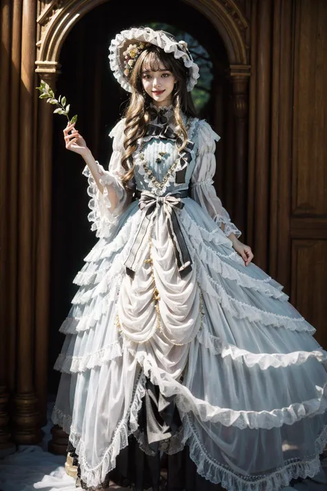 cinematic photo best quality,masterpiece,photorealistic,1girl,solo,full body,standing,long black straight hair,looking at viewer,smile,layered dress,long dress,yellow lace-trimmed dress,puffy sleeves,wide sleeves,jewelry,long sleeves,hat,white thighhighs,high heels,<lora:lo_dress_classic_style4_v1:0.65>,lawn,bunches,blonde hair, . 35mm photograph, film, bokeh, professional, 4k, highly detailed