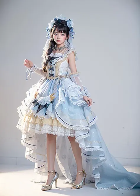 best quality, quality, masterpiece, photorealistic, 1girl, solo, long hair, black hair, full body, standing, looking at viewer, smile, lo dress, hair ornament, white pantyhose, high heels, <lora:lo_dress_vol2_style5_v1:0.65>