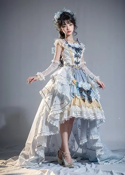 incredibly_absurdres,best quality, quality, masterpiece, photorealistic, 1girl, solo, long hair, black hair, full body, standing, looking at viewer, smile, lo dress, hair ornament, white pantyhose, high heels, <lora:lo_dress_vol2_style5_v1:0.65>