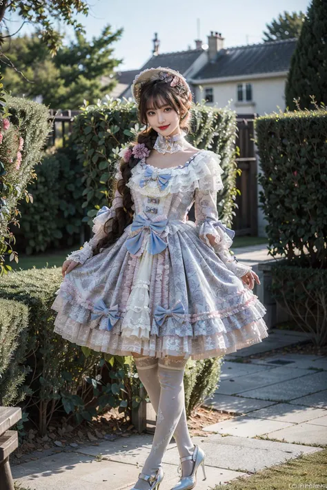 best quality, masterpiece, photorealistic, 1girl, solo, full body, standing, long black straight hair, blunt bangs, looking at viewer, smile, lo dress, long dress, layered dress, choker, bow, long sleeves, ( white thighhighs:1.4), high heels, in garden, flower, detailed background, <lora:lo_dress_vol2_style7_v2:0.65>