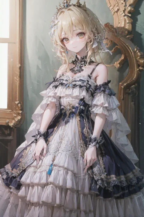 (best quality),(Masterpiece),dynamic angle,(extreme detailed illustration),(extremely detailed CG unity 8k wallpaper),amazing,Depth of field,(highly detailed),((an extremely delicate and beautiful)),((1girl)),((extremely detailed eyes and face)),luminedef,solo, bangs, looking at viewer, light smile, detailed background, standing, indoors, luxury decorations, window, piano,dramatic lighting, <lora:lo_dress_vol2_style1_v1:0.7>