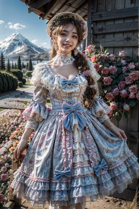(realistic:1.3), finely detailed, quality, rembrandt lighting, (masterpiece:1.2), (photorealistic:1.2), (best quality), (detailed skin:1.3), (intricate details), dramatic, ray tracing, 1girl, japanese girl, 21 years old, detailed skin texture, (blush:0.5), (goosebumps:0.5), subsurface scattering, smiling, medium breasts, long hair curls, bangs, hair between eyes, lo dress, long dress, layered dress, choker, bow, long sleeves, cowboy shot, (strolling, bright sunny day, outdoors, wide open (field of roses:1.2), rose plantation, sky, mountains far away), <lora:lo_dress_vol2_style7_v2:0.6>