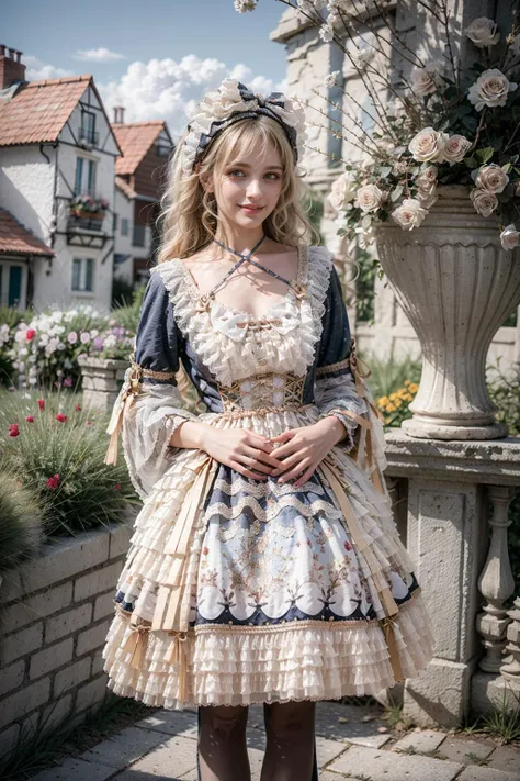 (realistic:1.3), finely detailed, quality, rembrandt lighting, (masterpiece:1.2), (photorealistic:1.2), (best quality), (detailed skin:1.3), (intricate details), dramatic, ray tracing, 1girl, french girl, 21 years old, detailed skin texture, (blush:0.5), (goosebumps:0.5), subsurface scattering, smiling, medium breasts, long hair curls, bangs, hair between eyes, lo dress, layered dress, frilled dress, criss-cross halter, hair ornament, white pantyhose, cute poses, (professional fashion photography, bright sunny day, garden, bushes, flowers, sky), <lora:lo_dress_style4_v1:0.65>