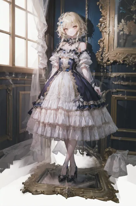 (best quality),(Masterpiece),dynamic angle,(extreme detailed illustration),(extremely detailed CG unity 8k wallpaper),amazing,Depth of field,(highly detailed),((an extremely delicate and beautiful)),((1girl)),((extremely detailed eyes and face)),luminedef,lodress, high heels, full body, 1girl, solo, blonde hair, bangs, looking at viewer, light smile, detailed background, standing, indoors, luxury decorations, window, piano,dramatic lighting, arms behind back, <lora:lo_dress_vol2_style1_v1:0.7>
