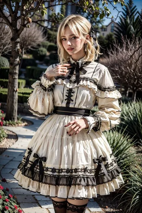(realistic:1.3), finely detailed, quality, rembrandt lighting, (masterpiece:1.2), (photorealistic:1.2), (best quality), (detailed skin:1.3), (intricate details), dramatic, ray tracing, 1girl, french girl, 21 years old, detailed skin texture, (blush:0.5), (goosebumps:0.5), subsurface scattering, smiling, medium breasts, short hair curls, blonde hair, bangs, hair between eyes, cyb dress, frills, frilled dress, long sleeves, bow, lace, thighhighs, cowboy shot, (bright sunny day, french garden, trees, bushes, sky), <lora:lo_dress_vol2_style8_v1:0.75>