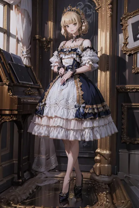 masterpiece, absurdres, incredibly absurdres, extremely detailed, best quality, lodress, high heels, full body, 1girl, solo, blonde hair, bangs, looking at viewer, light smile, detailed background, standing, indoors, luxury decorations, window, piano,dramatic lighting, arms behind back, <lora:lo_dress_vol2_style1_v1:0.7>