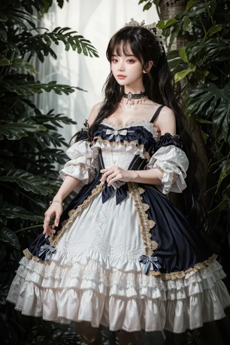 realistic, realistic details, detailed,
1 girl, solo, narrow waist,fit, <lyco:fitgirl_v10:0.5>, <lora:add_detail:0.6>,
------
(pureerosface_v1:0.5) , (ulzzang-6500-v1.1:0.5), <lora:00.SAFACE02:1.0:FACEW>
beautiful face, shaded face, smaller face,
------
cowboy shot, wide shot, full body,
outdoors, tree, garden, flower, forest, ruin, fantasy,
------
very long hair, smaller head, large breasts, high ponytail, closed mouth, black hair,
------
Jewelry,Sheer,Detached Sleeves,Frills,Ribbon,long Wavy Hair,Bangs,Lace Choker, lodress, <lora:lo_dress_vol2_style1_v1:0.65>