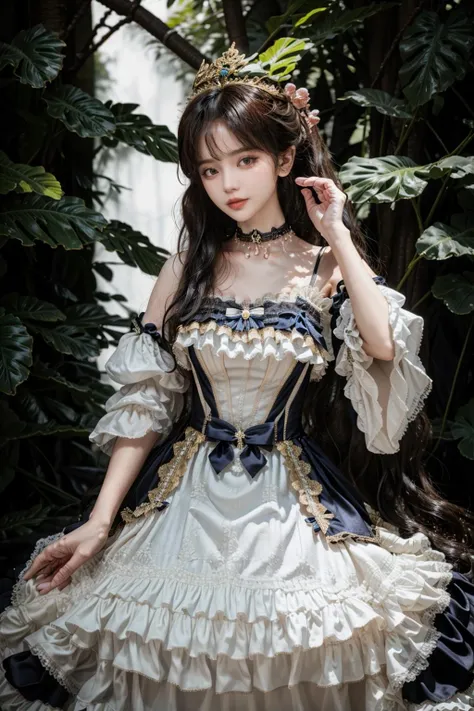 realistic, realistic details, detailed,
1 girl, solo, narrow waist,fit, <lyco:fitgirl_v10:0.5>, <lora:add_detail:0.6>,
------
(pureerosface_v1:0.5) , (ulzzang-6500-v1.1:0.5),  <lora:00.SAFACE02:1.0:FACEW>
beautiful face, shaded face, smaller face,
------
cowboy shot, wide shot,  full body, 
outdoors, tree, garden, flower, forest, ruin, fantasy, 
------
very long hair, smaller head, large breasts, high ponytail, closed mouth, black hair,
------
Jewelry,Sheer,Detached Sleeves,Frills,Ribbon,long Wavy Hair,Bangs,Lace Choker, lodress,   <lora:lo_dress_vol2_style1_v1:0.65>