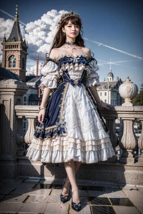 (realistic:1.3), finely detailed, quality, rembrandt lighting, (masterpiece:1.2), (photorealistic:1.2), (best quality), (detailed skin:1.3), (intricate details), dramatic, ray tracing, 1girl, japanese girl, 21 years old, detailed skin texture, (blush:0.5), (goosebumps:0.5), subsurface scattering, smiling, medium breasts, long hair, bangs, hair between eyes, head ornaments, lodress, long dress, bows, frills, lace trim, strapless, choker, high heels, full body, dynamic pose, (strolling, clouds, european aristocrat mansion in background, outdoors, bright sunny day), <lora:lo_dress_vol2_style1_v1:0.7>