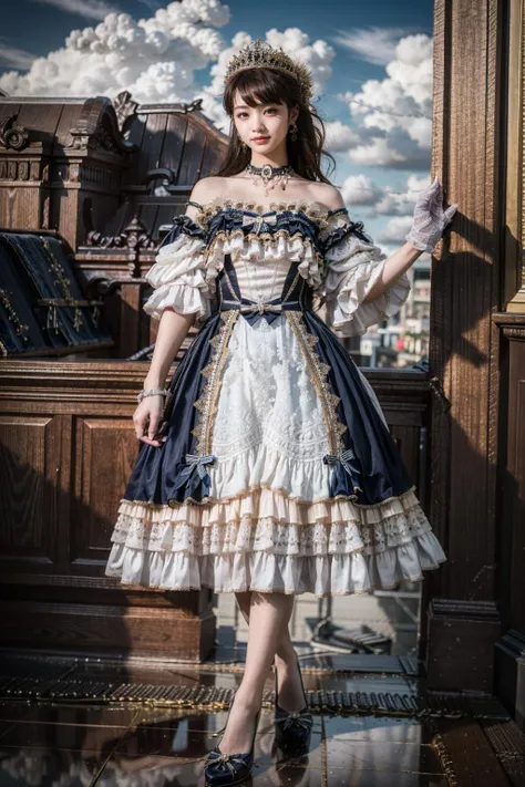 (realistic:1.3), finely detailed, quality, rembrandt lighting, (masterpiece:1.2), (photorealistic:1.2), (best quality), (detailed skin:1.3), (intricate details), dramatic, ray tracing, 1girl, japanese girl, 21 years old, detailed skin texture, (blush:0.5), (goosebumps:0.5), subsurface scattering, smiling, medium breasts, long hair, bangs, hair between eyes, head ornaments, lodress, long dress, bows, frills, lace trim, strapless, choker, high heels, full body, dynamic pose, (strolling, clouds, european aristocrat mansion in background, outdoors, bright sunny day),  <lora:lo_dress_vol2_style1_v1:0.7>