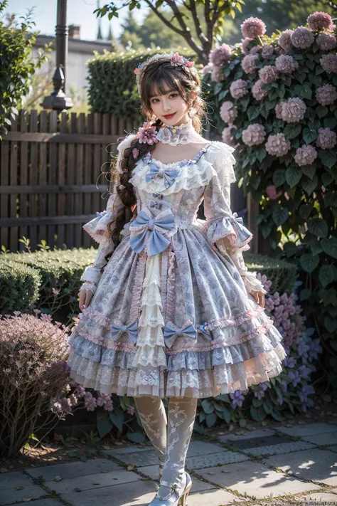 best quality, masterpiece, photorealistic, 1girl, solo, full body, standing, long black straight hair, blunt bangs, looking at viewer, smile, lo dress, long dress, layered dress, choker, bow, long sleeves, ( white thighhighs:1.4), high heels, in garden, flower, detailed background, <lora:lo_dress_vol2_style7_v2:0.65>