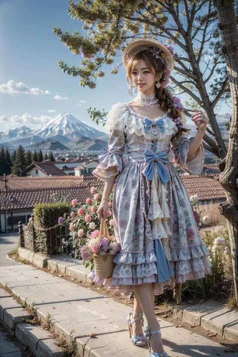 (realistic:1.3), finely detailed, quality, rembrandt lighting, (masterpiece:1.2), (photorealistic:1.2), (best quality), (detailed skin:1.3), (intricate details), dramatic, ray tracing, 1girl, japanese girl, 21 years old, detailed skin texture, (blush:0.5), (goosebumps:0.5), subsurface scattering, smiling, medium breasts, long hair curls, bangs, hair between eyes, lo dress, long dress, layered dress, choker, bow, long sleeves, high heels, full body, (strolling, bright sunny day, outdoors, wide open field of roses, rose plantation, sky, mountains far away), <lora:lo_dress_vol2_style7_v2:0.6>