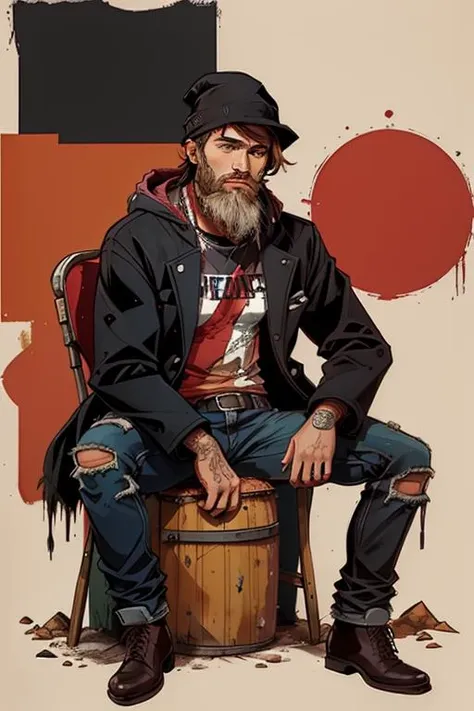 <lora:Lord AK Style - V1-000005:1> lord_ak_style, popart, colorful, retro, solo, 1boy, looking at viewer, beard, stubble, hobo, hat, many layers of clothing, dirty, ripped clothes