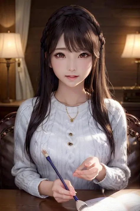 <lora:AV_Kumakura:0.8> kumakura, best quality, professional lighting, super detailed, realistic, beautiful detailed face eyes,
looking at viewer,smile,sweater