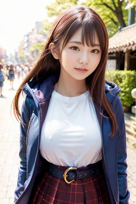 1girl, coat, hood, jacket, ((duffle coat)), down jacket, lips, lipstick, plaid, plaid_skirt, realistic, skirt, solo, standing, best quality, photorealistic, masterpiece, 8k, high res, solo, (((woman))), (medium breast), ((looking at the viewer)), (looking at the camera), (short hair), (professional lighting, bokeh),top angle view, extremely detailed face, fashionable and trendy atmosphere, japan, street, park, river, sakura, sakura blossom, ((daytime)), (portrait:0.6), seductive smile, gorgeous, floating hair, (light particles, lens flare, glowing particles:0.6), (dynamic pose:1.2), soft lighting, brown hair, full body, narrow face, smile, camera, <lora:AV_Kumakura:0.8>