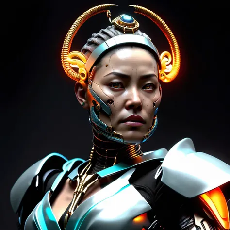 ((best quality)), ((masterpiece)), ((realistic,digital art)), (hyper detailed),female Underground Surgeon, Cybernetic Mercenaries, Human mercenaries with cybernetic implants and body augmentations, Middle-aged, Stacked, Southeast Asian, Amber eyes,   Pointed Chin, Overbite Jaw, Round Cheeks, Receding Forehead,  Well-formed Back Muscles, Jaw, Grey Crown braid hair, Worry, Pensive Posture, Character stands with one hand on the chin, lost in thought or contemplation., Holographic Hologram Wings wearing  Holographic Kimono Skirt,  Cyber-Satin Wrap, , , ,Bioluminescent Veil ,, Ready for Action, Character crouches with legs bent, ready to spring into action. ,scifi, realistic, nose, cyborg,  octane rendering, raytracing, volumetric lighting, Backlit,Rim Lighting, 8K, HDR, <lora:Digital_Madness:0.8>