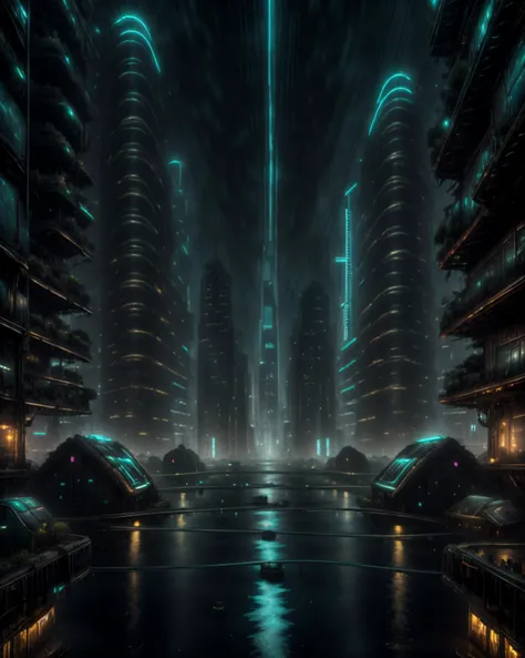 Submerged cityscape, waterlogged buildings adorned with bioluminescent growths, a haunting fusion of technology and nature. , <lora:CP_SD15:1>