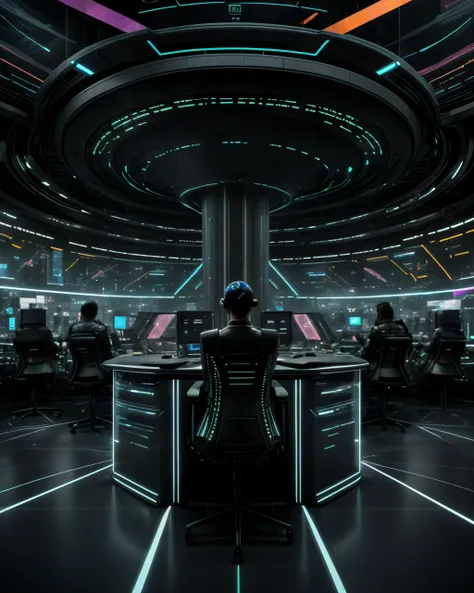 Dystopian newsroom, holographic journalists reporting on the latest events while surrounded by data streams and virtual info-graphics. , <lora:CP_SD15:1>