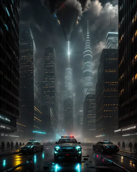 Hovering police drone, its searchlight cutting through the urban haze, casting a stark, synthetic glow on the crumbling facade. , <lora:CP_SD15:1>