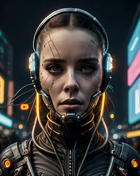1girl, solo, looking_at_viewer, helmet, portrait, science_fiction, realistic, cable, cyborg, cyberpunk , <lora:CP_SD15:1>