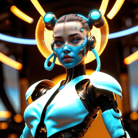((best quality)), ((masterpiece)), ((realistic,digital art)), (hyper detailed),female Cyberpunk Couturier, , Golden age, Voluminous, Latin American, Light blue eyes,     Round Cheeks, Sloping Forehead,   , Dark Brown French twist hair, Pity, Solar-powered Radiance, Character basks in sunlight with arms outstretched, absorbing solar energy through integrated panels,  wearing  Neural Silk Cargo Pants, Cashmere  Tie-dye  RustRed Augmented Reality Hoodie, , , , Cybernetic Extension, Character extends a cybernetic limb or appendage, showcasing its capabilities. ,scifi, realistic, nose, cyborg,  octane rendering, raytracing, volumetric lighting, Backlit,Rim Lighting, 8K, HDR, <lora:Digital_Madness:0.8>