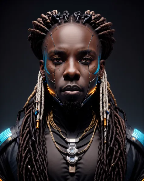 solo, looking_at_viewer, blue_eyes, 1boy, closed_mouth, upper_body, male_focus, artist_name, dark_skin, gradient, gradient_background, black_background, portrait, straight-on, very_dark_skin, dreadlocks , <lora:CP_SD15:1>