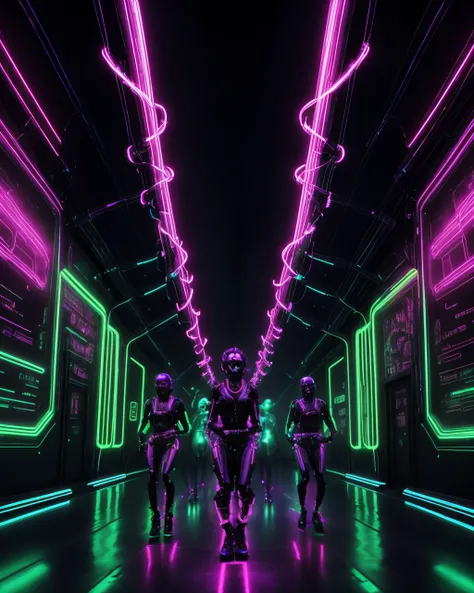 solo, teeth, glowing, black_background, science_fiction, skull, cable, tube , Holographic club, luminescent dancers weave through pulsating beams of light, their movements creating neon streaks in the air. , <lora:CP_SD15:0.75>