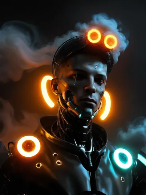 solo, 1boy, upper_body, male_focus, glowing, halo, robot, smoke, science_fiction, realistic, cyberpunk, humanoid_robot , <lora:Digital_Madness:0.75>
