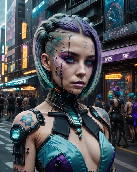 1girl, solo, looking_at_viewer, simple_background, green_eyes, makeup, portrait, science_fiction, realistic, android, cable, cyborg, cyberpunk , Bioluminescent night market, vendors selling exotic bio-engineered flora that emit a soft, otherworldly glow. , <lora:CP_SD15:0.75>