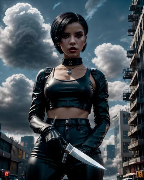 a woman holding a large knife in a city , 1girl, solo, looking at viewer, short hair, open mouth, shirt, black hair, gloves, long sleeves, holding, outdoors, sky, choker, black gloves, cloud, dark skin, makeup, cloudy sky, lipstick, building, red lips , <lora:CP_SD15:1>
