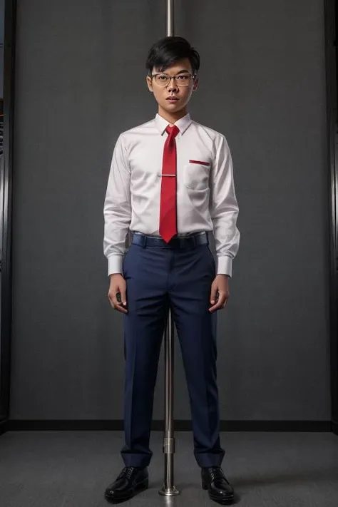 from the front, full photo, asian boy, wearing glasses, wearing school boy uniform, white school shirt, red tie, blue school suit, dark, <lora:polestand2A:0.8> pole-stand, steel collar, steel handcuff, RAW photo, 8k uhd, (masterpiece), award winning, volumetric lighting