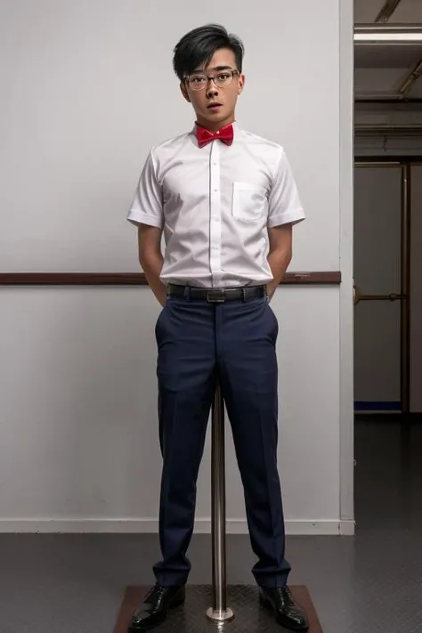 from the front, full photo, asian boy, wearing glasses, wearing school boy uniform, white school shirt, red tie, blue school suit, dark, scared, despair, <lora:polestand2A:0.8> pole-stand, bondage collar, bondage handcuff, RAW photo, 8k uhd, (masterpiece), award winning, volumetric lighting