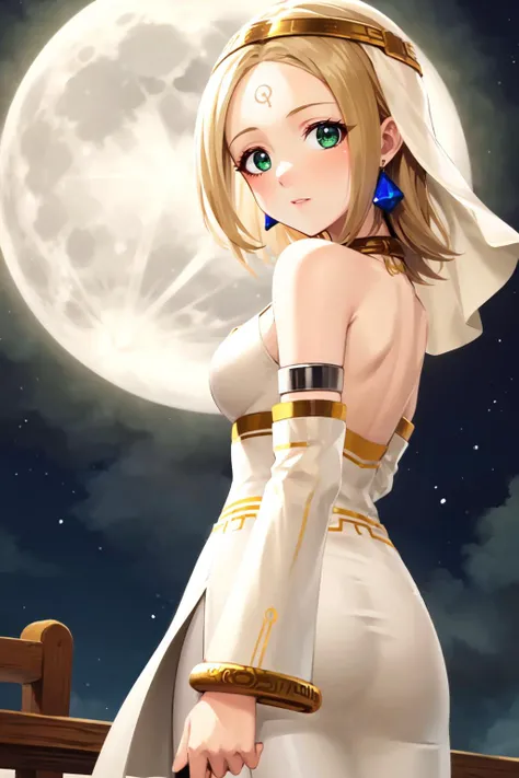 finasa, 1girl, solo, forehead mark, circlet, earrings, veil, white dress, detached sleeves, armlet, white pantyhose, side slit, bare shoulders, looking back, from behind, full moon, green eyes <lora:finasa_V1-11:0.7>