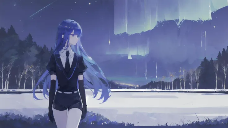 ((masterpiece, high quality, highres)),(<lora:housekinokuni_lapislazuli:0.9> lapis lazuli, crystal hair, bangs, colored eyelashes, gem uniform, necktie, puffy short sleeves, shorts, elbow gloves, black uniform, ((empty hands))), (standing, walking, frozen forest, lake, (night, nighttime, midnight), cliff,space, stars, aurora, from afar)