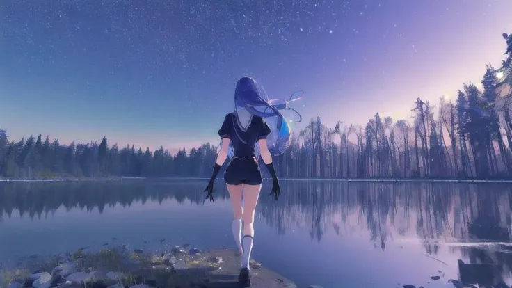 (masterpiece, high quality, highres, render, 3d, render 3d),(<lora:housekinokuni_lapislazuli-09:0.9> lapis lazuli, crystal hair, bangs, colored eyelashes, gem uniform, necktie, puffy short sleeves, shorts, elbow gloves, black uniform), (standing, walking, frozen forest, lake, (night, nighttime, midnight), cliff,space, stars, aurora, from afar)